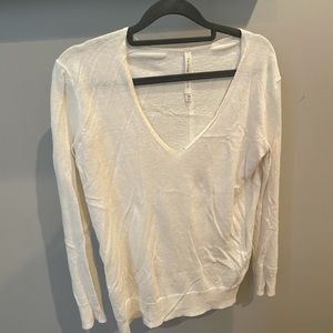 Aritzia White Long Sleeve V-Neck Sweater